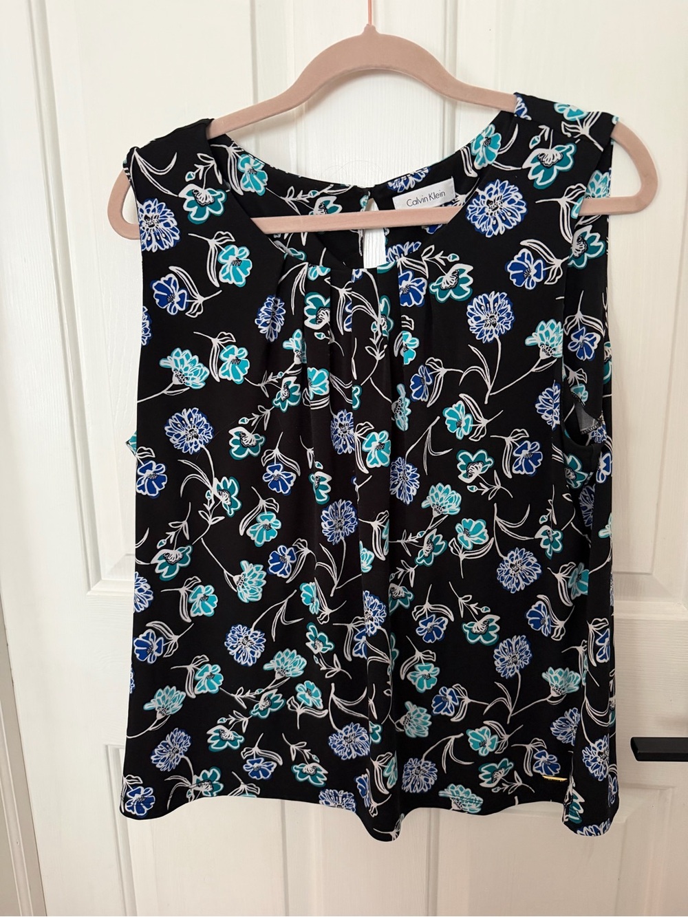 Calvin Klein Black Jersey Knit Floral Sleeveless Camisole - Blue & Teal Flowers